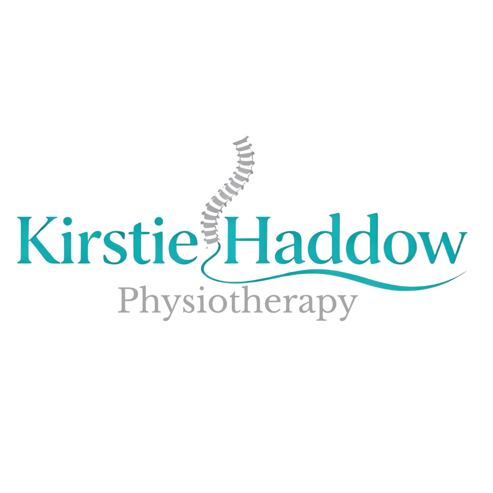 Logo for Kirstie Haddow Physiotherapy with a stylized spine icon on a white background.